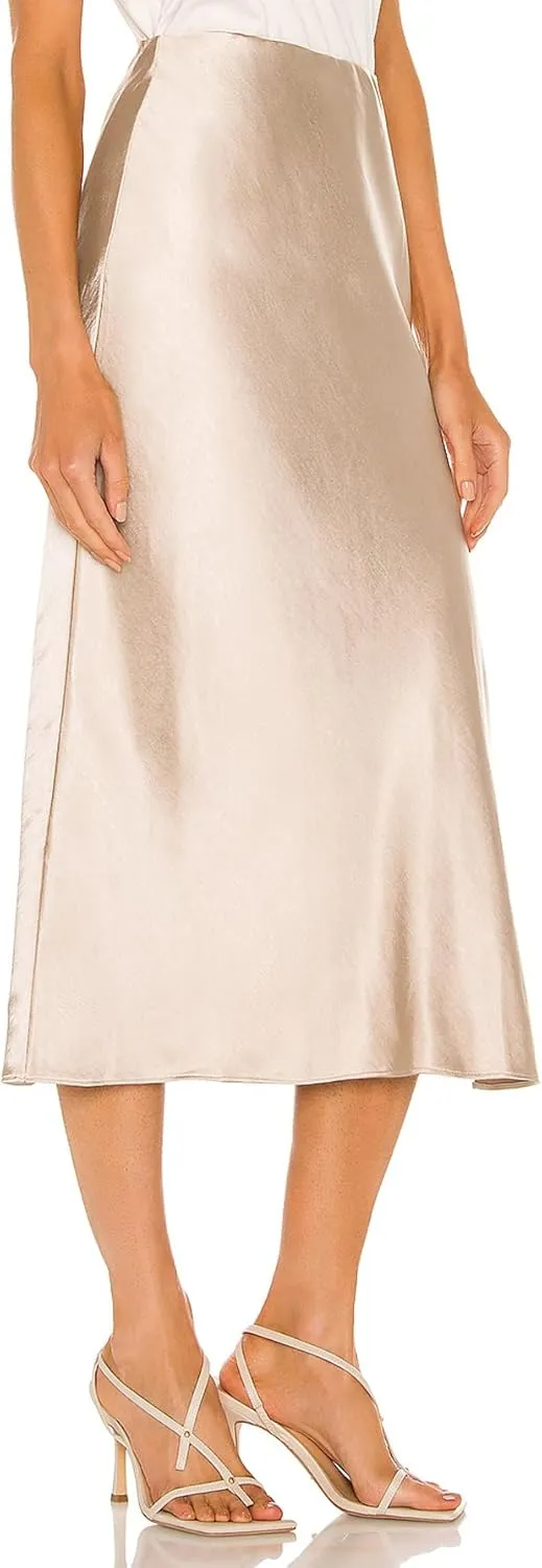 Womens Satin Silk High Waist Slit Midi Skirt Elastic Waistband Midi Skirts for Women