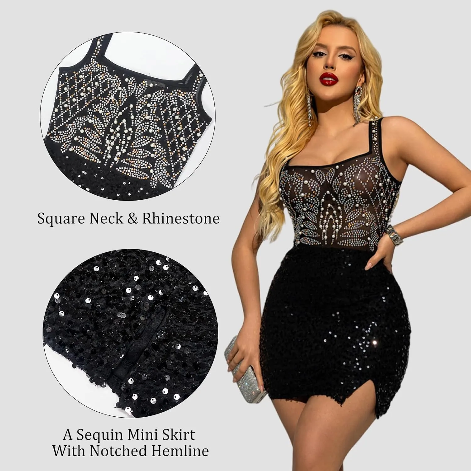 Women's Sequin Bodycon Mini Dress Beaded Rhinestone Mesh Patchwork Velvet Sequin Mini Skirt Corset Short Party Dress
