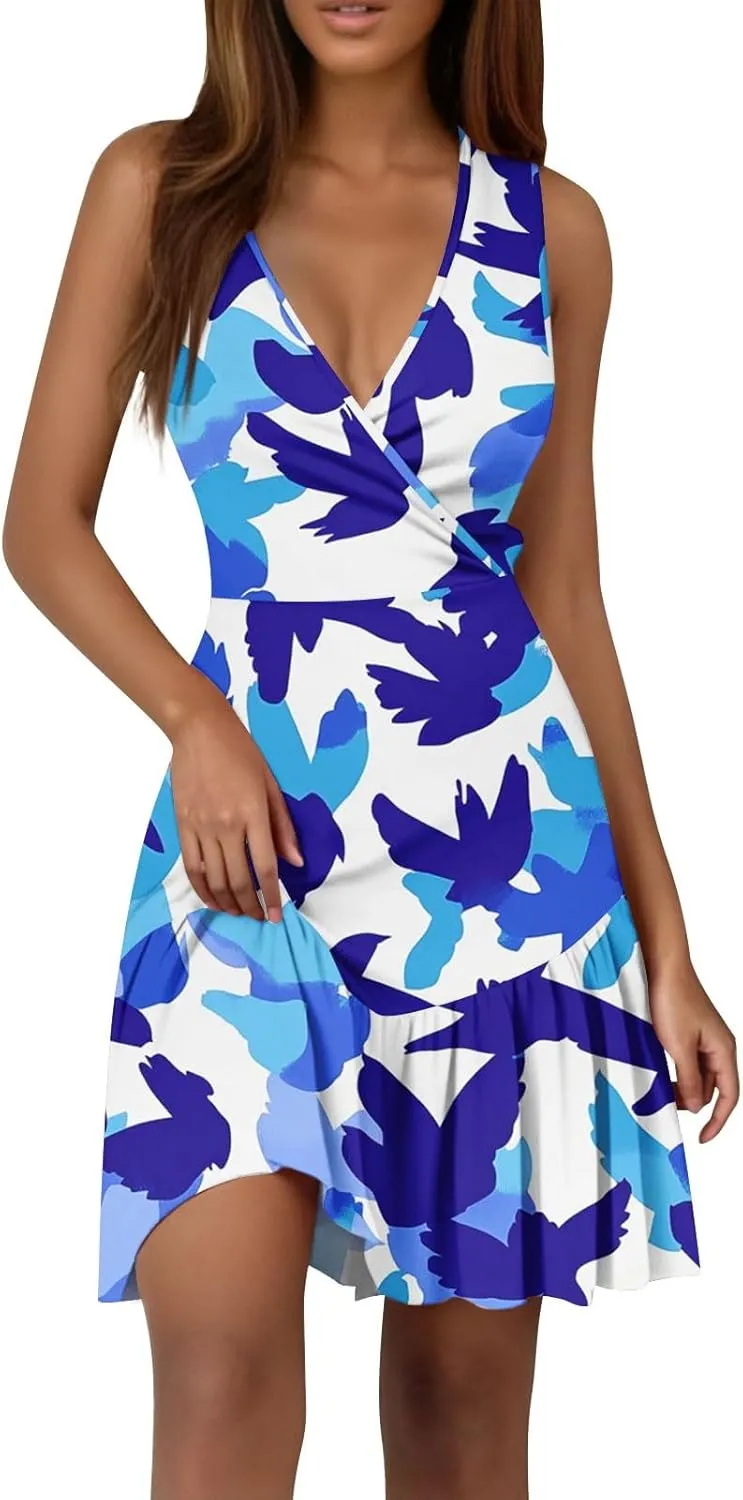 Womens Summer Dresses Wrap V Neck Sleeveless Sundresses Casual Beach Sexy Short Tank Dress Ruffle Bodycon Midi Dress